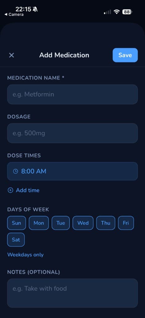 Add Medication form with schedule and weekdays