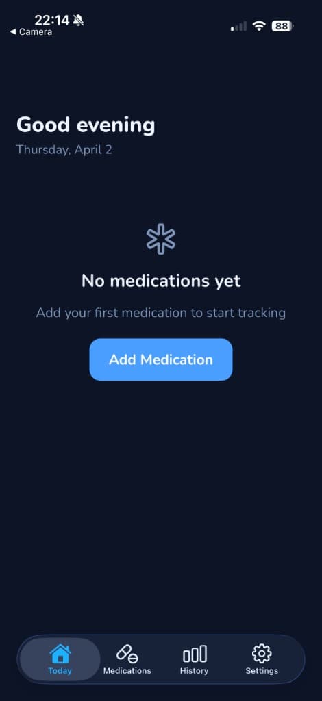 My Pills empty state inviting user to add first medication