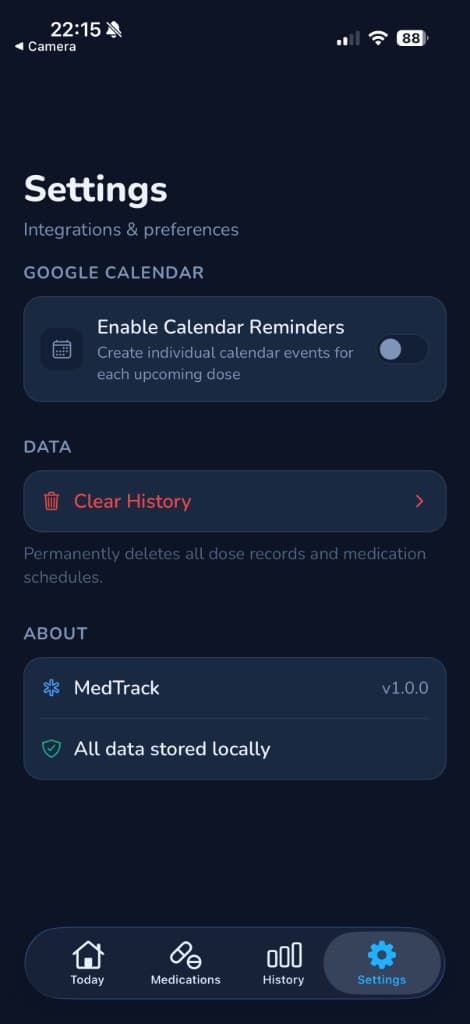 Settings with calendar toggle and about