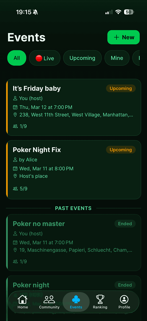Events screen showing upcoming and past games