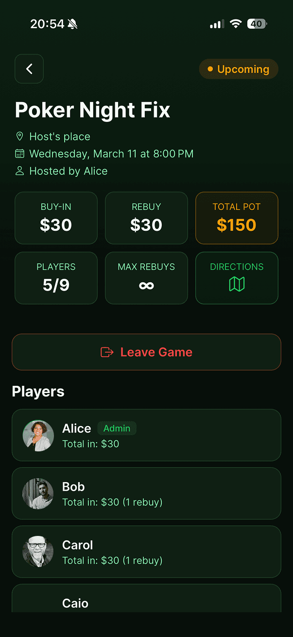 Event detail with buy-in, rebuys and player list