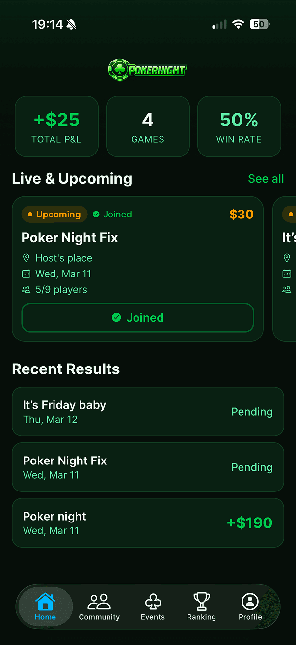 PokerNight home screen with stats and upcoming events