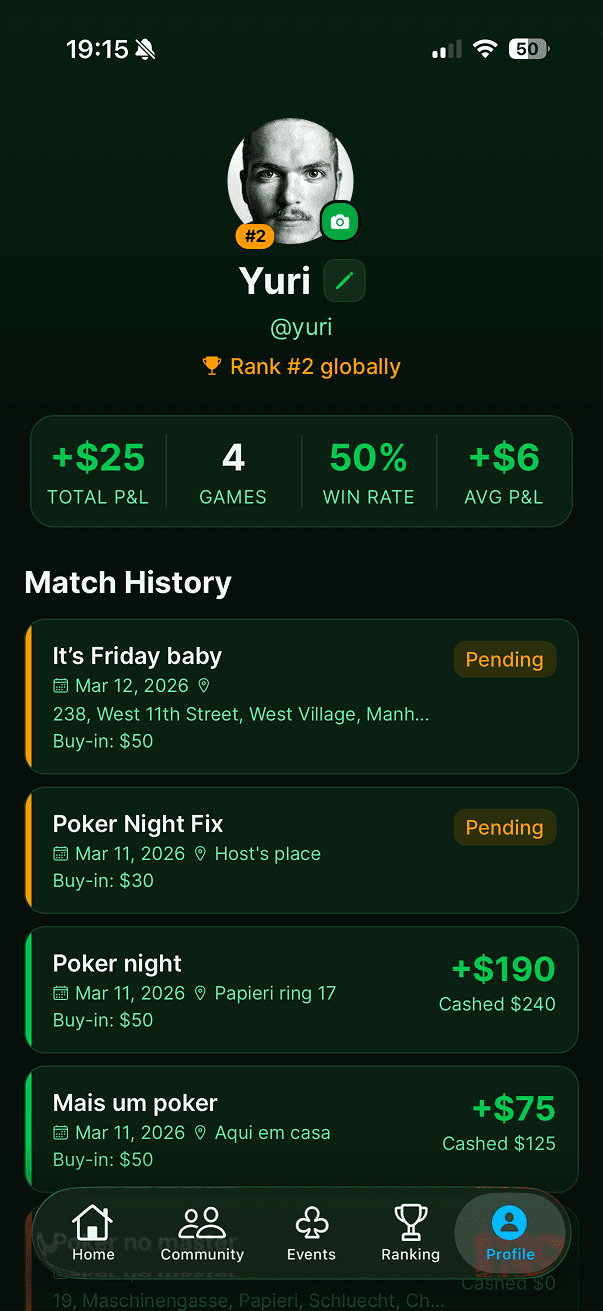 Player profile with match history and performance stats