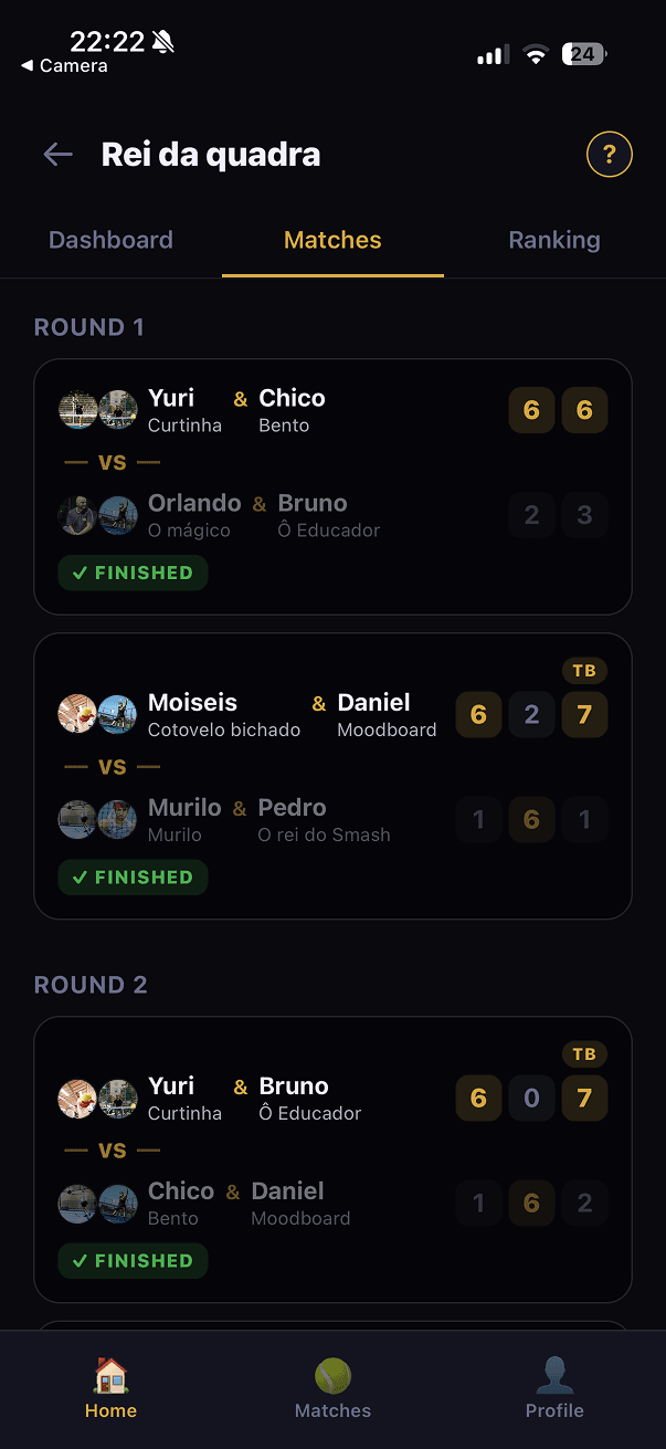 Matches view with round-by-round scores and tiebreak indicators