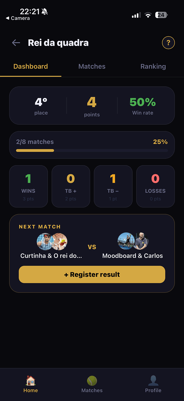 Championship dashboard with position, points, win rate, and next match