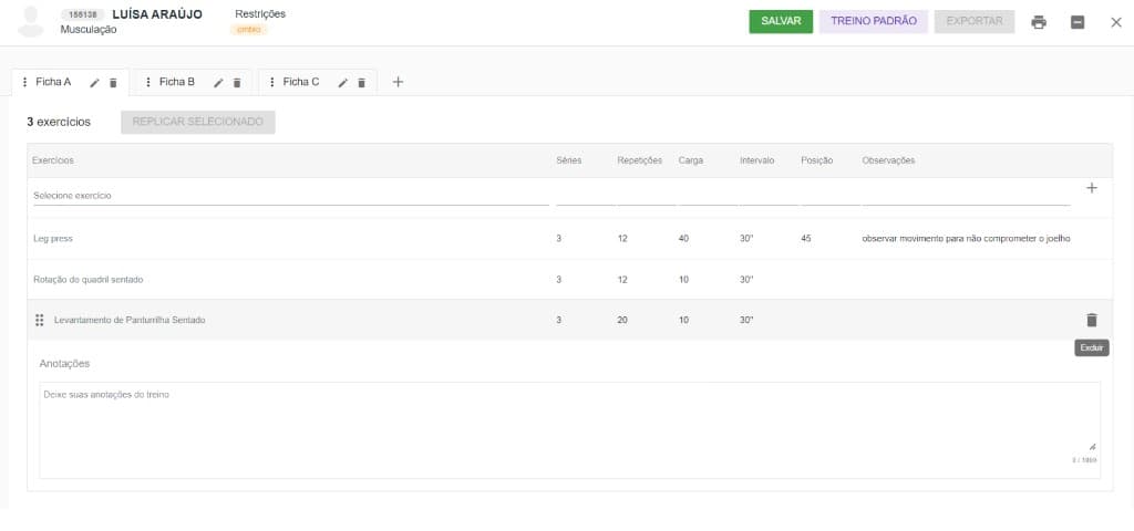 Previous workout prescription interface with a denser layout